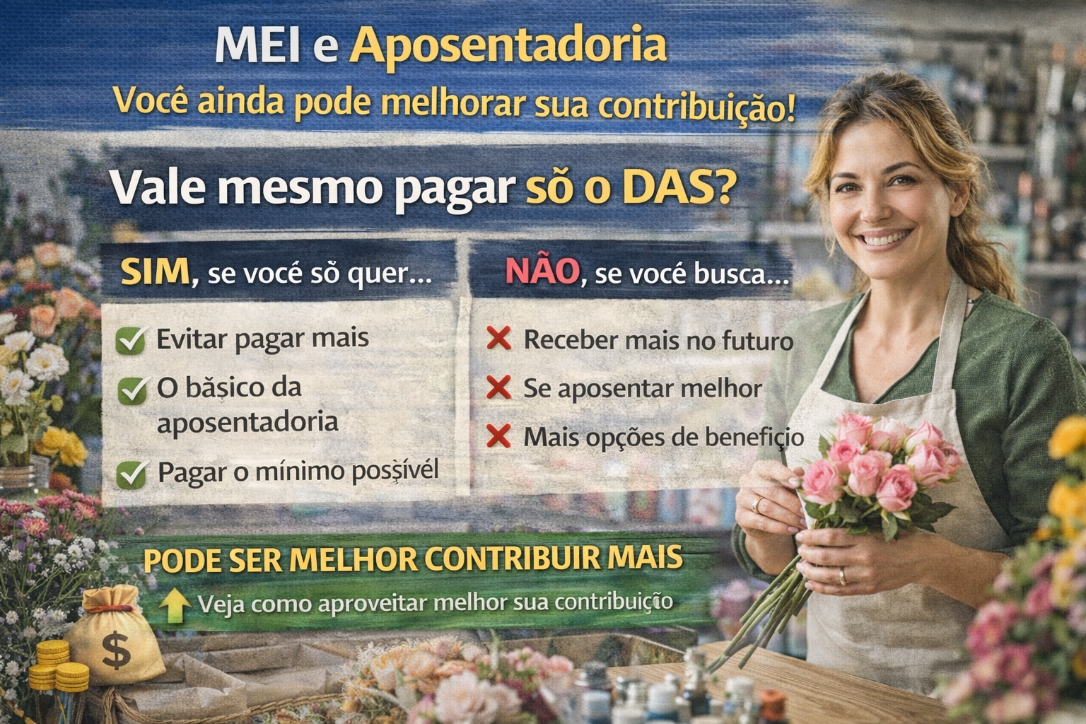 Mulher em floricultura pensando em contribuição previdenciária